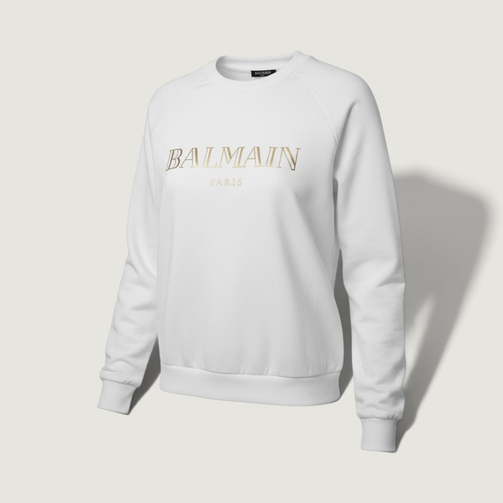 Balmain Paris Logo Sweatshirt Gold Foil White Size Small FR 36 RF13735